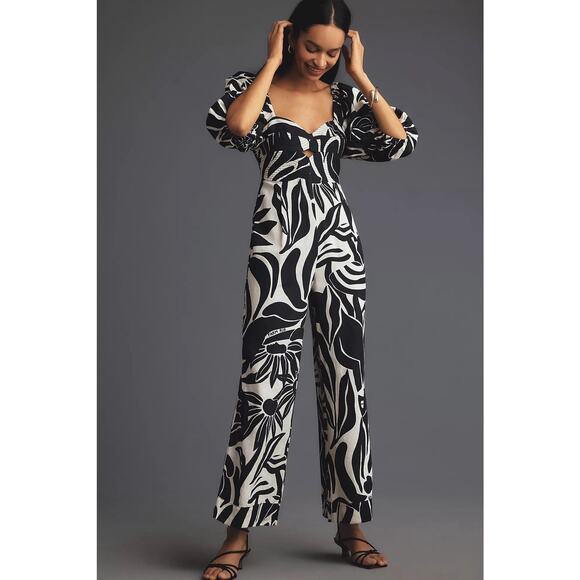 Farm Rio x Anthropologie Linen Jumpsuit Puff Sleeve Black and White M
